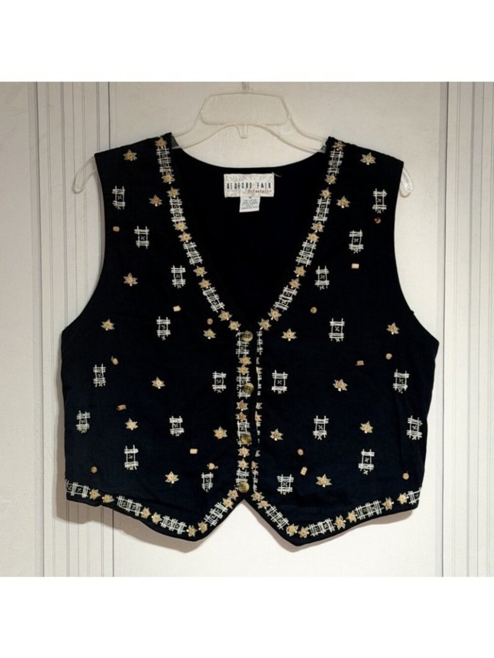 Bedford Fair 90s Boho Whimsy Vest Cottagecore Western Black Beaded Sz M